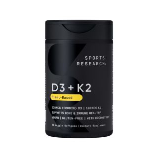 Sports Research Vitamina D3 + K2 com Óleo de Coco | D3 Vegana 5000 UI + K2 MK7 60 Softgels